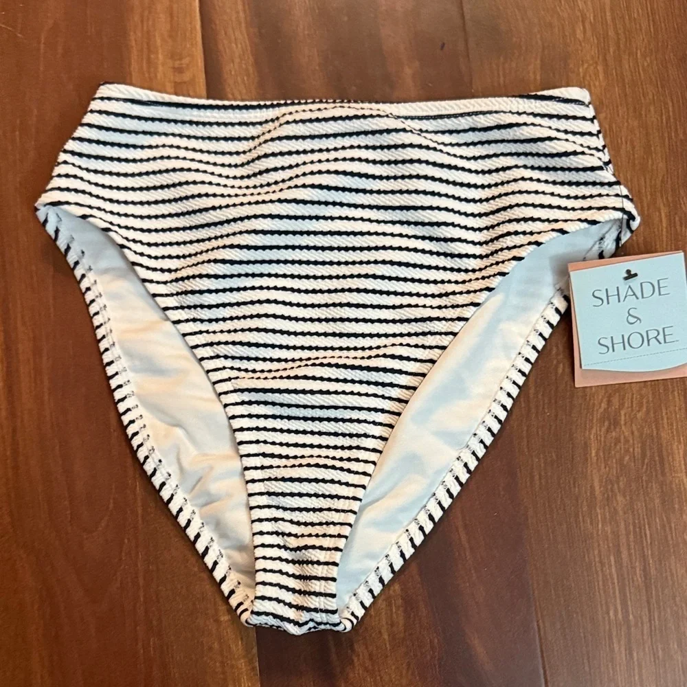 Shade & Shore Striped Black and White High-Waist Bikini Bottom Size Small